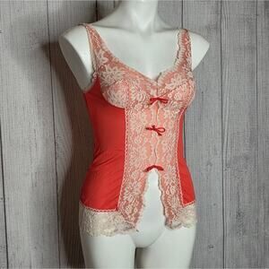 VTG Sears Lace & Nylon Lingerie Top, Coral w/ Sheer Lace Panels, Size 30 (Small)